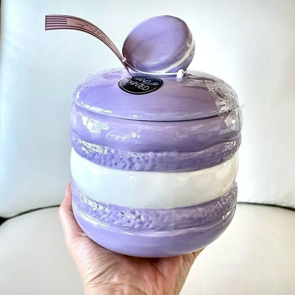 NWT LUNA & SAGE Gorgeous Macaron Lilac/White Glossy Ceramic 7”Canister Jar w Lid